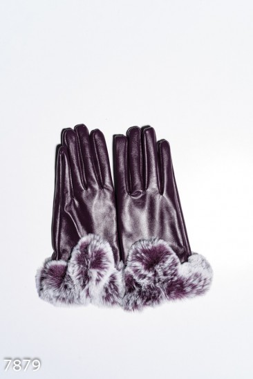 Фиолетовые перчатки из эко-кожи с меховыми манжетами