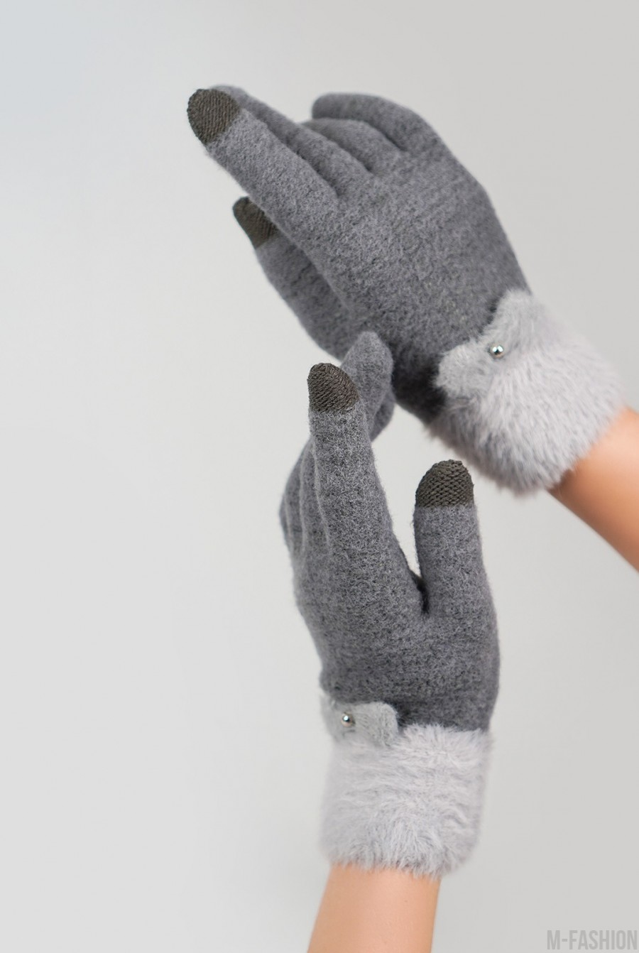 Темно-серые шерстяные перчатки с фактурным манжетом- Фото 2
