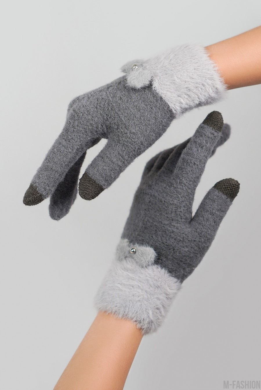 Темно-серые шерстяные перчатки с фактурным манжетом- Фото 3