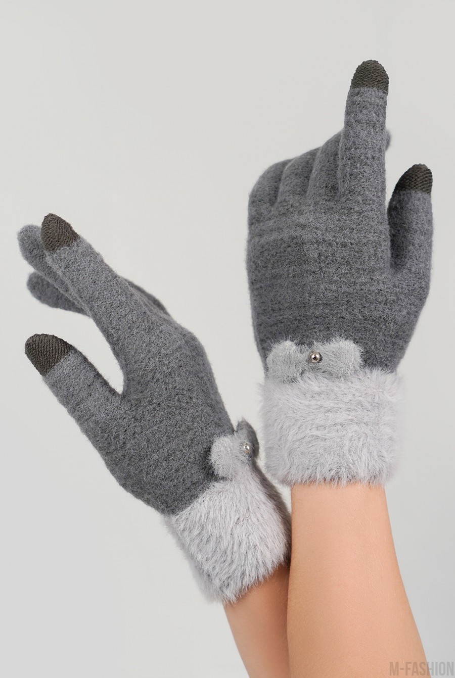 Темно-серые шерстяные перчатки с фактурным манжетом - Фото 1