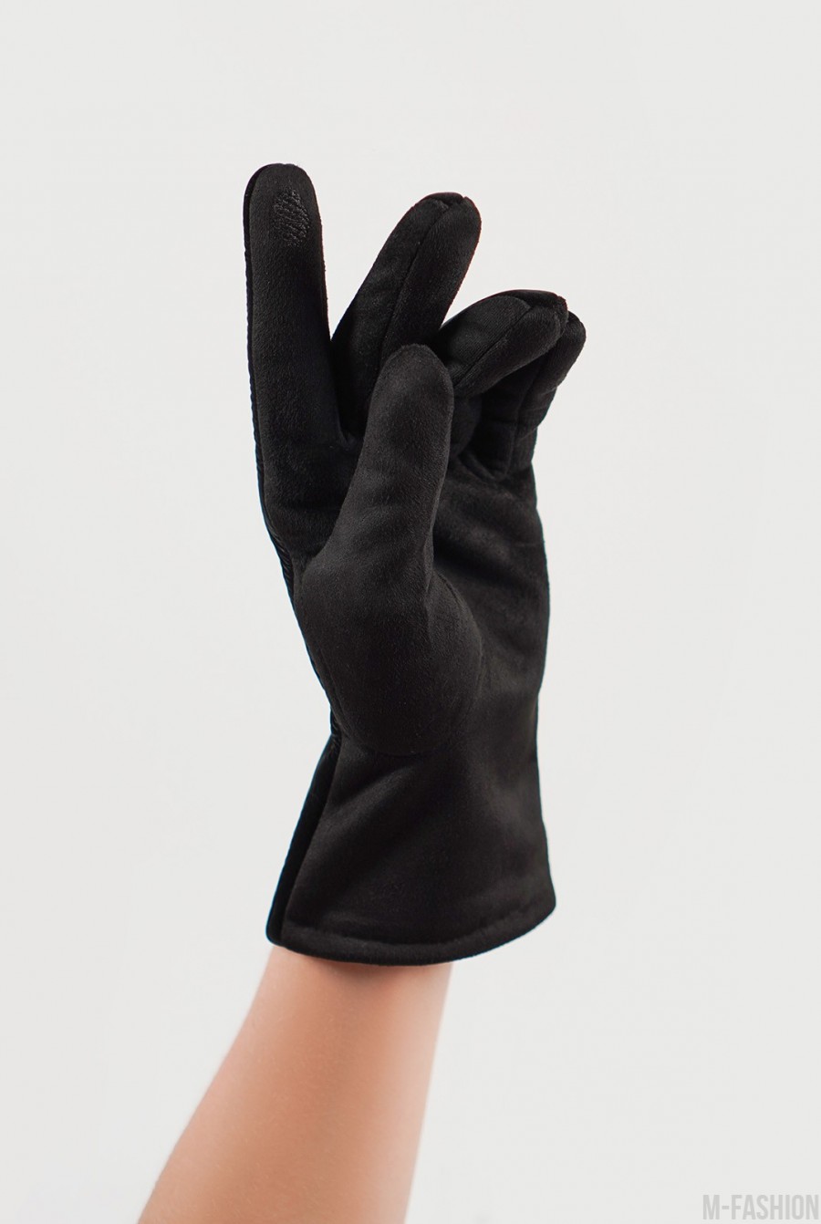 Черные замшевые комбинированные перчатки на меху- Фото 2