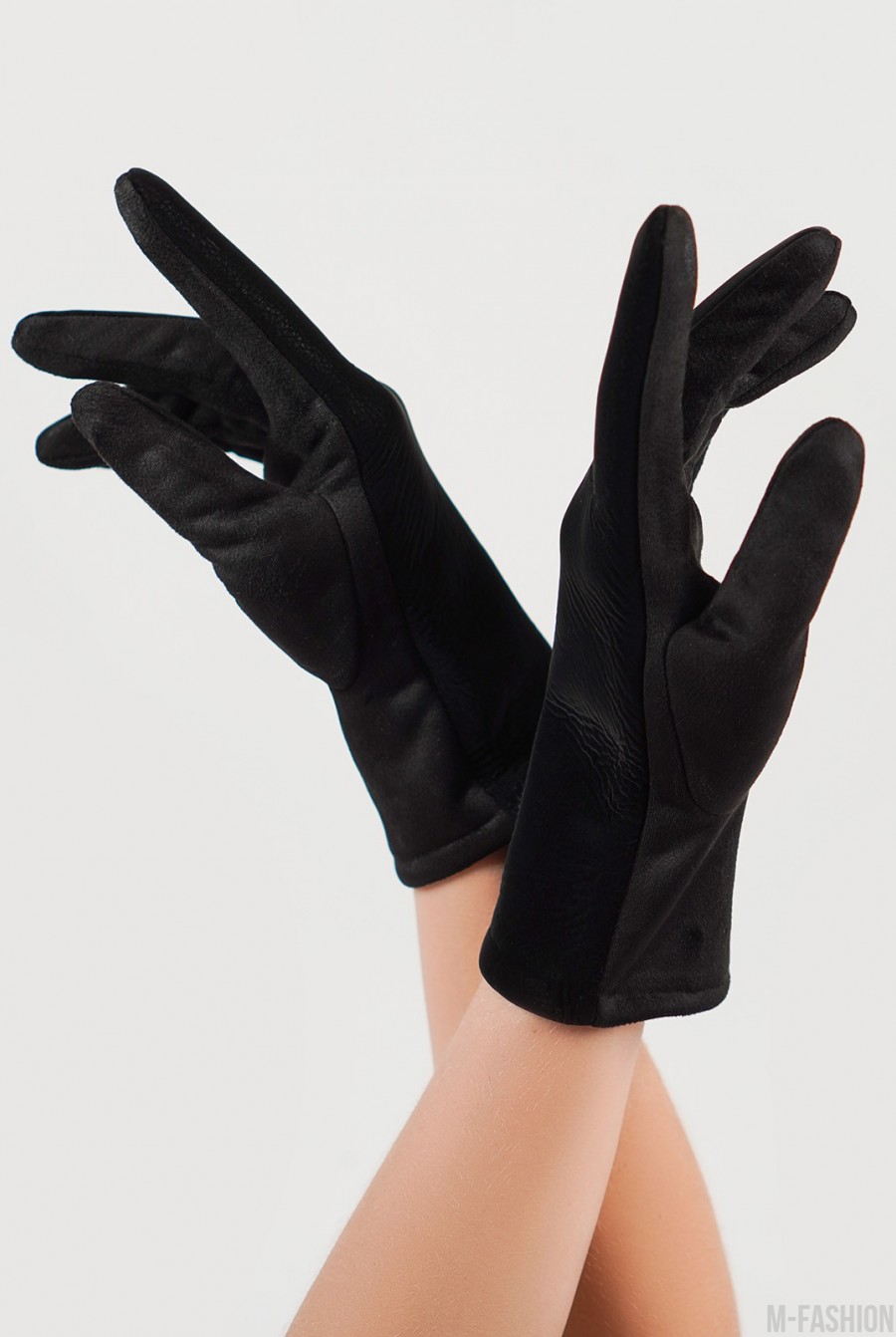 Черные замшевые комбинированные перчатки на меху - Фото 1