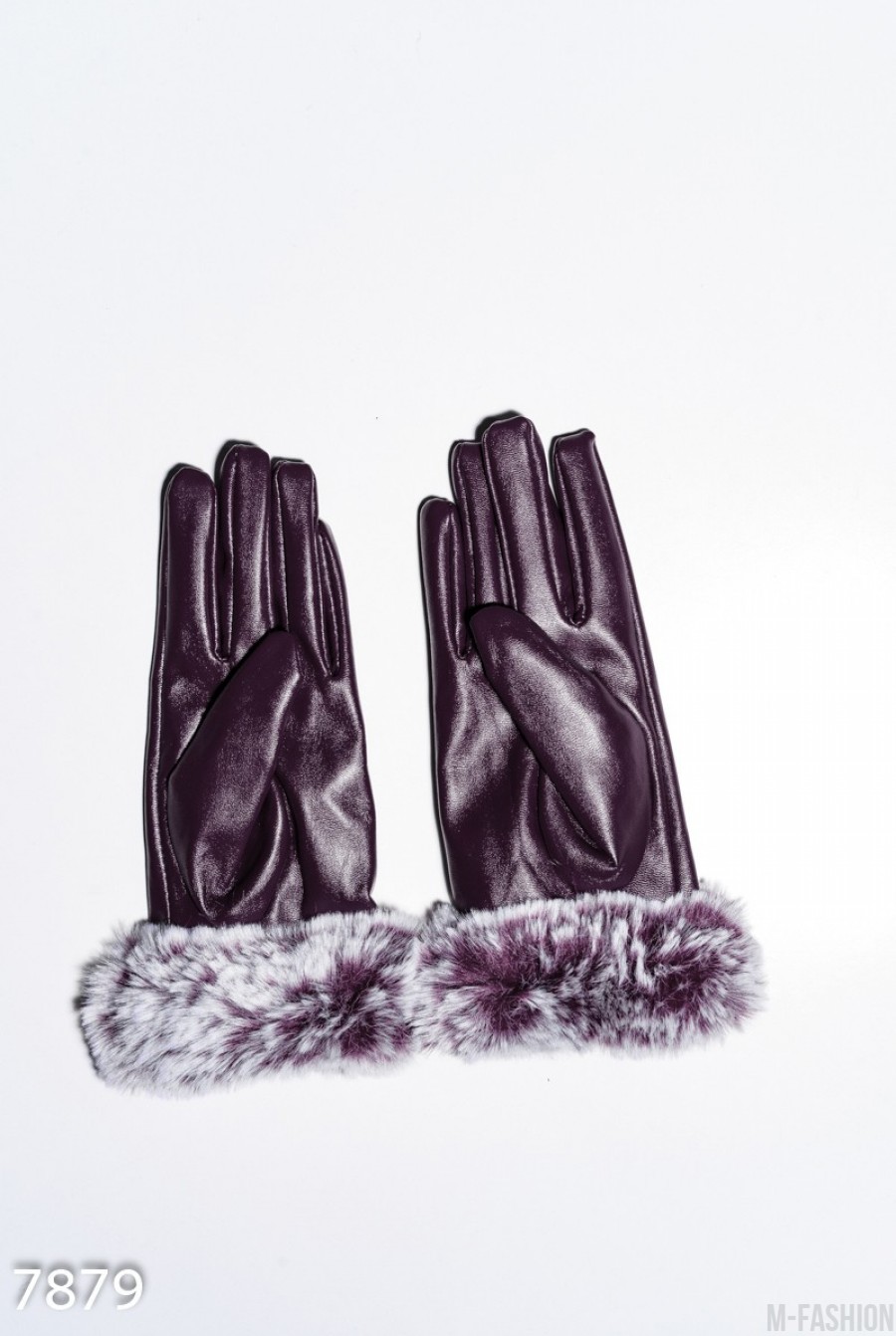 Фиолетовые перчатки из эко-кожи с меховыми манжетами- Фото 2