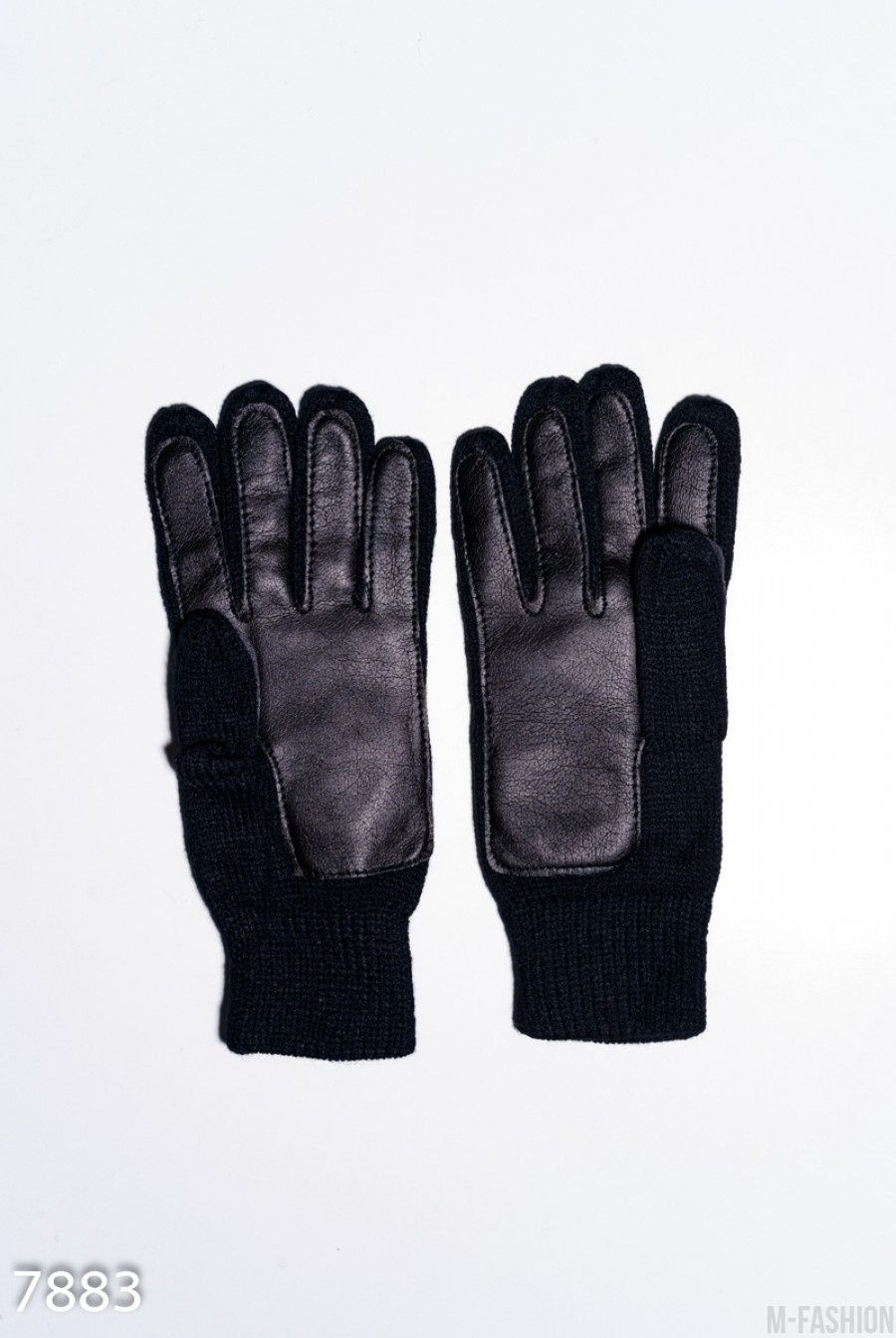 Черные шерстяные демисезонные перчатки с вставками из эко-кожи- Фото 2