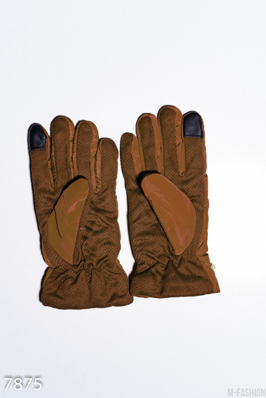 Коричневые теплые перчатки с антискользящим покрытием и декорированными манжетами- Фото 2