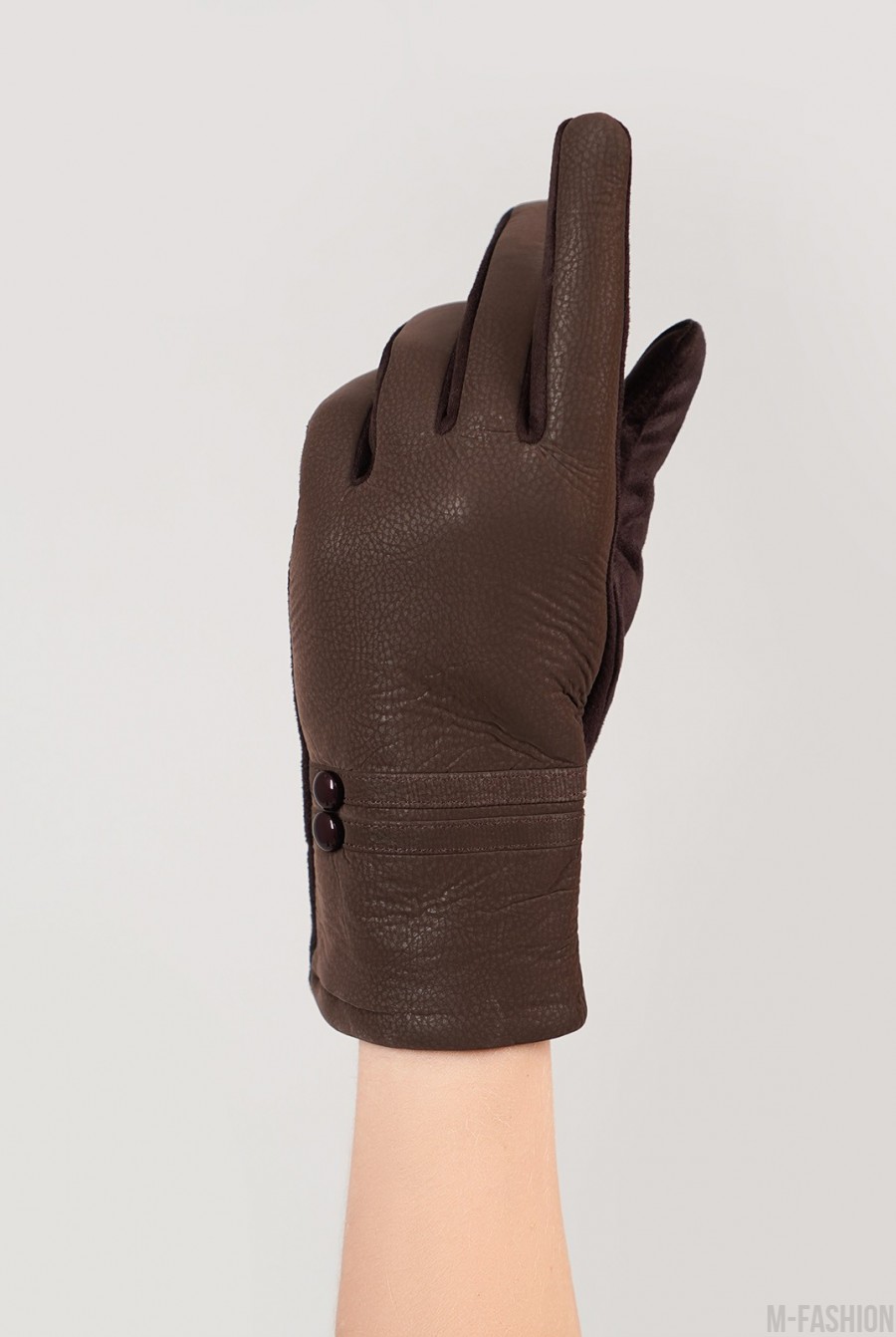 Коричневые замшевые теплые перчатки с фактурной вставкой- Фото 3