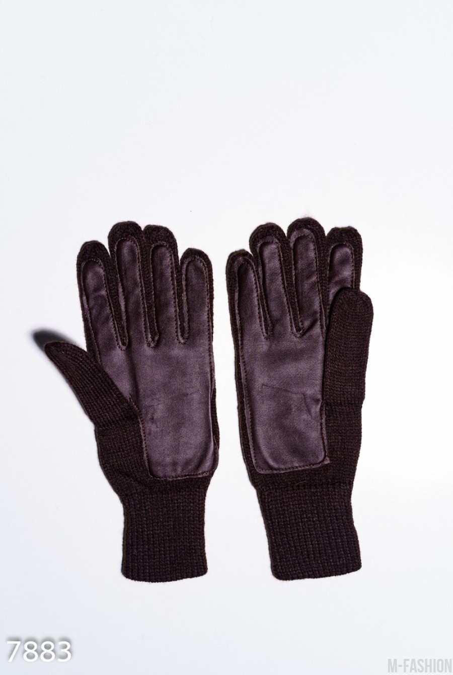 Коричневые шерстяные демисезонные перчатки с вставками из эко-кожи- Фото 3