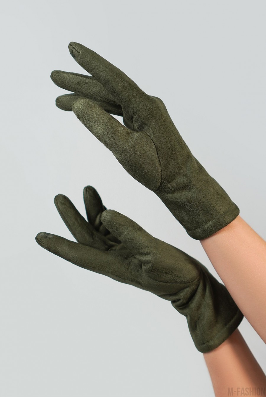 Однотонные перчатки цвета хаки из эко-замши на меху - Фото 1