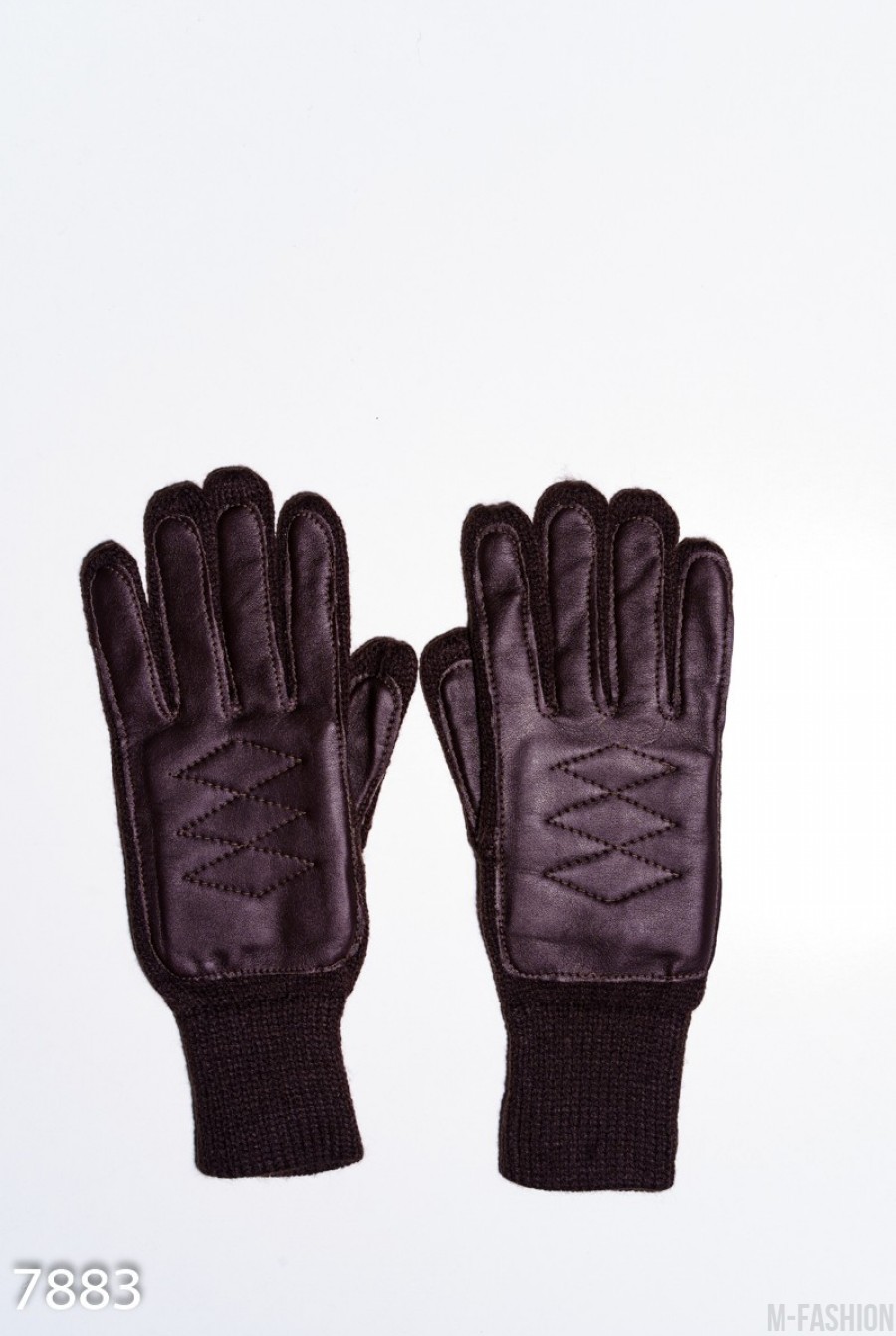 Коричневые шерстяные демисезонные перчатки с вставками из эко-кожи - Фото 1