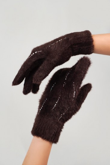 Коричневые утепленные перчатки со стразами