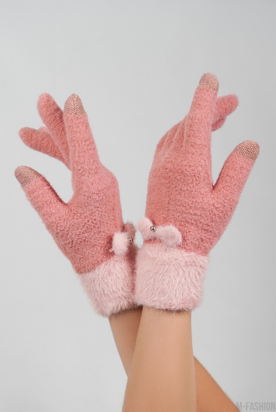 Розовые шерстяные перчатки с фактурным манжетом- Фото 2