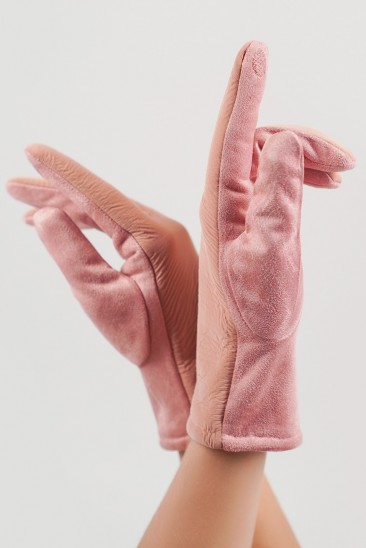 Розовые замшевые комбинированные перчатки на меху
