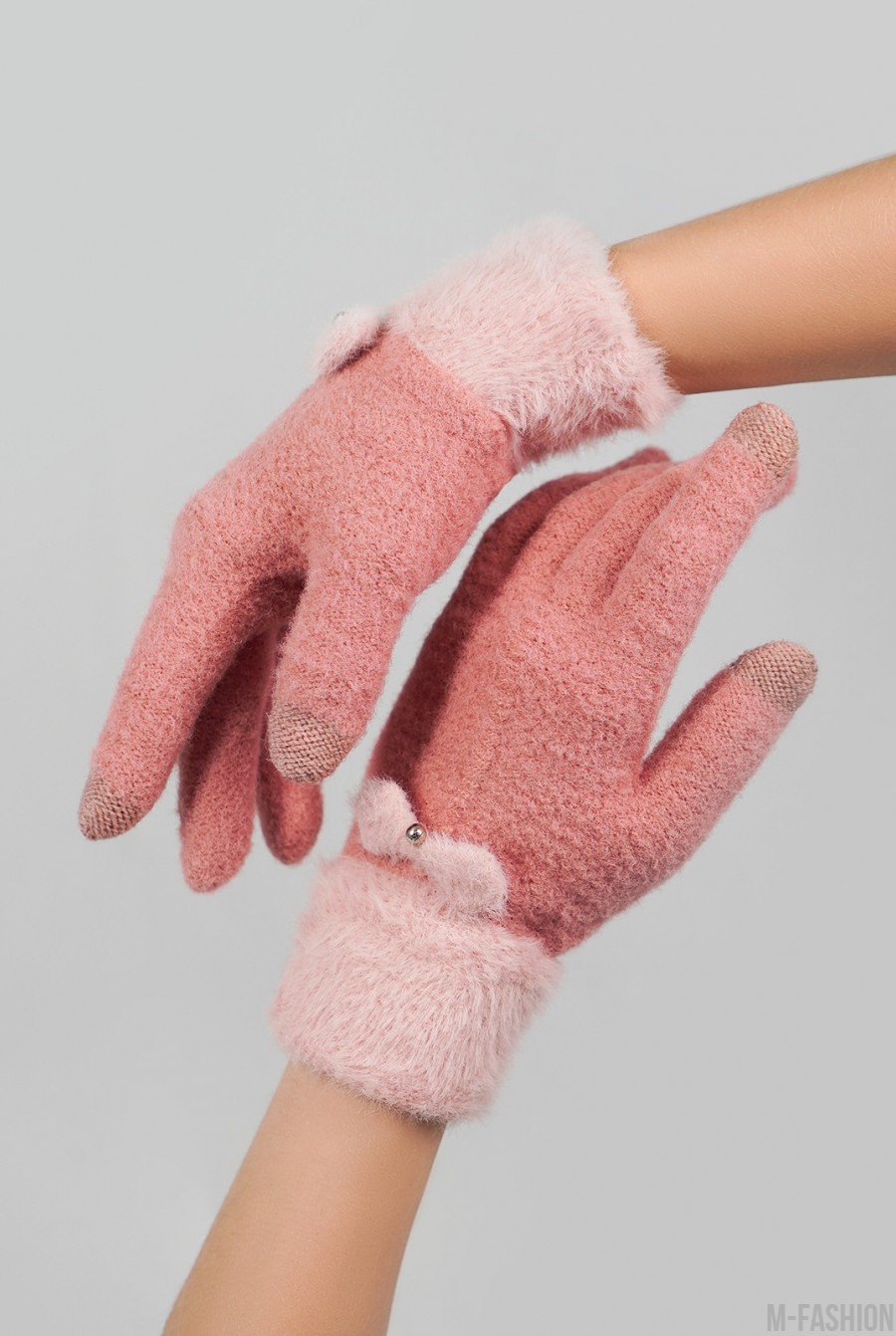 Розовые шерстяные перчатки с фактурным манжетом - Фото 1