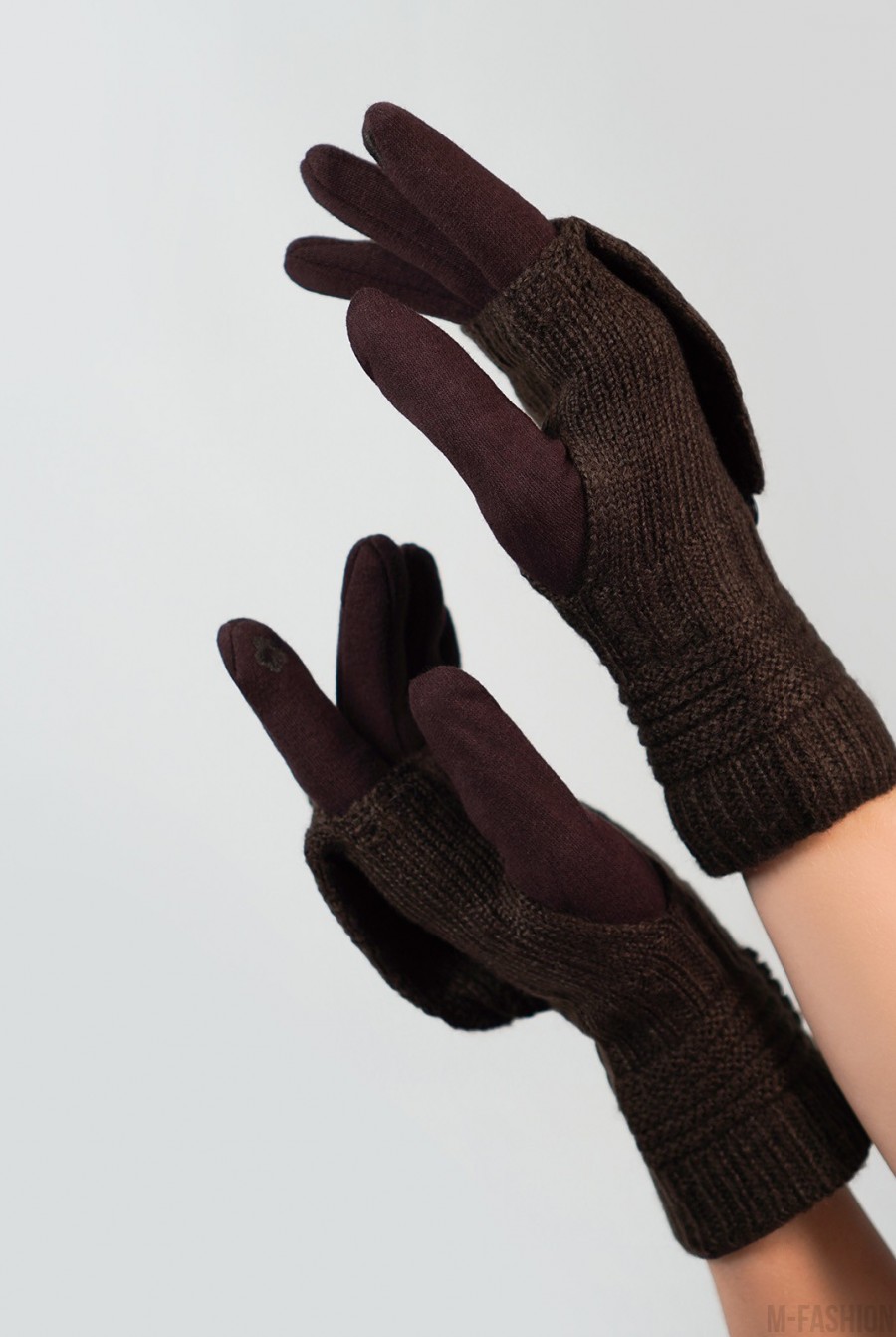 Коричневые комбинированные перчатки-варежки- Фото 2