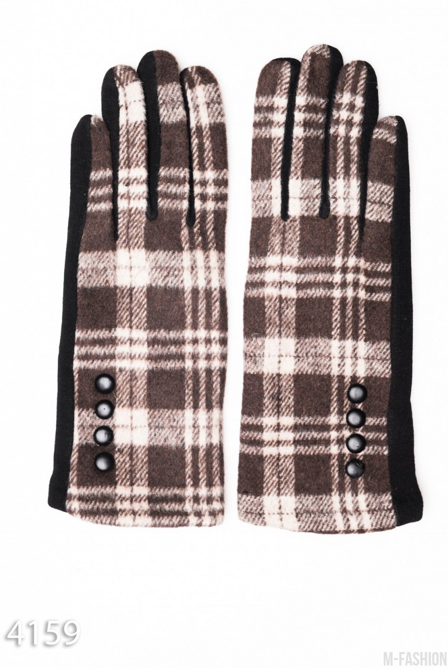 Коричневые комбинированные перчатки с клетчатой вставкой и рядом пуговок - Фото 1