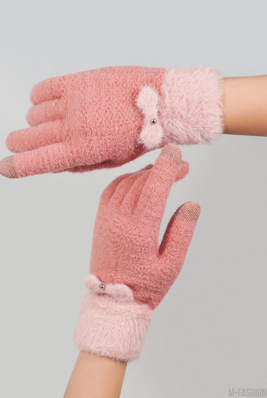 Розовые шерстяные перчатки с фактурным манжетом- Фото 3