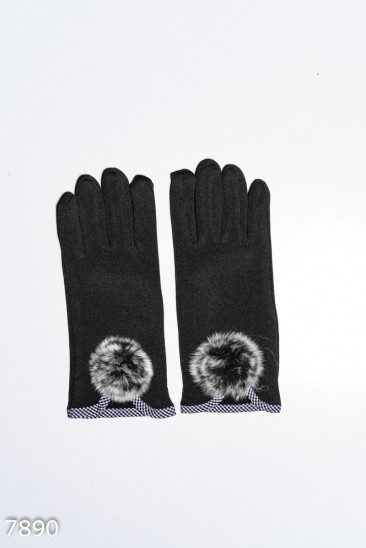Черные эластичные тонкие перчатки на флисе с помпоном