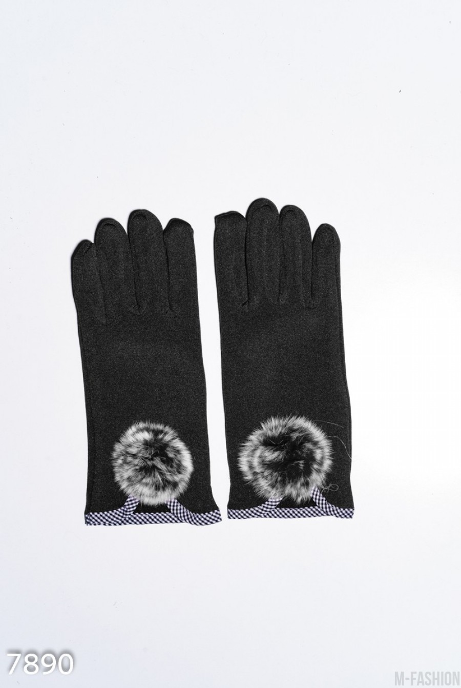 Черные эластичные тонкие перчатки на флисе с помпоном - Фото 1