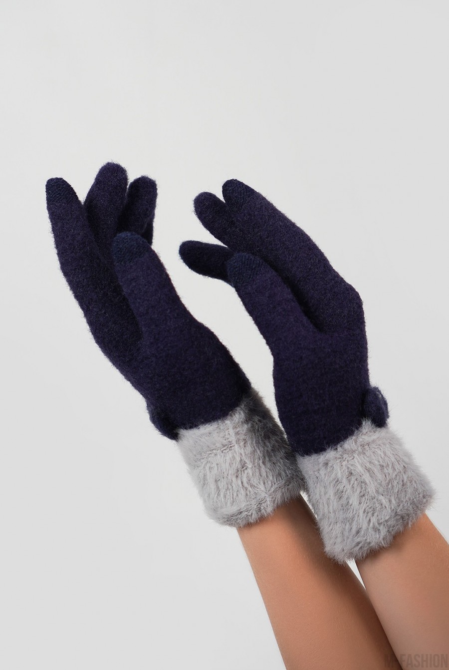 Синие шерстяные перчатки с фактурным манжетом- Фото 3