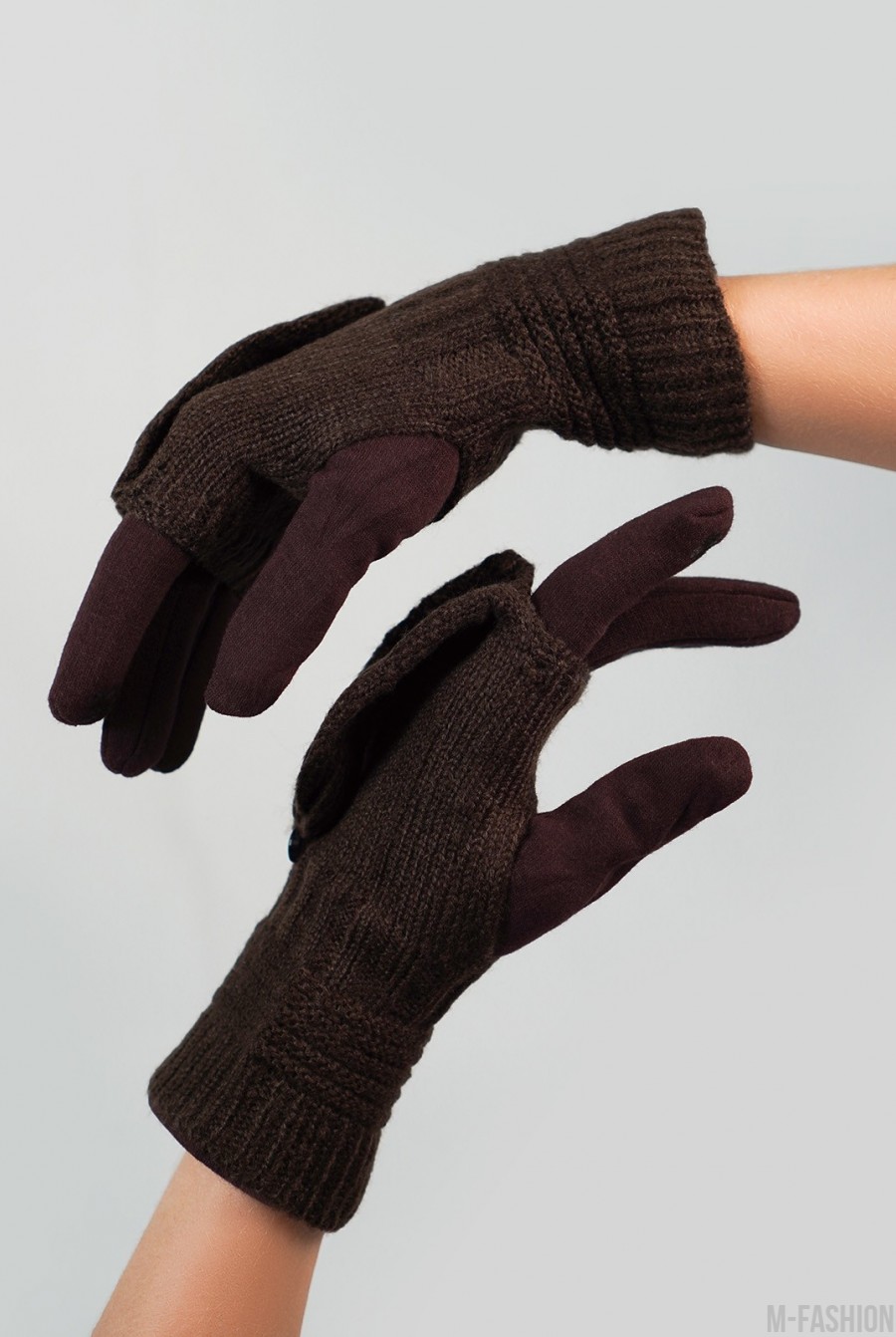 Коричневые комбинированные перчатки-варежки - Фото 1