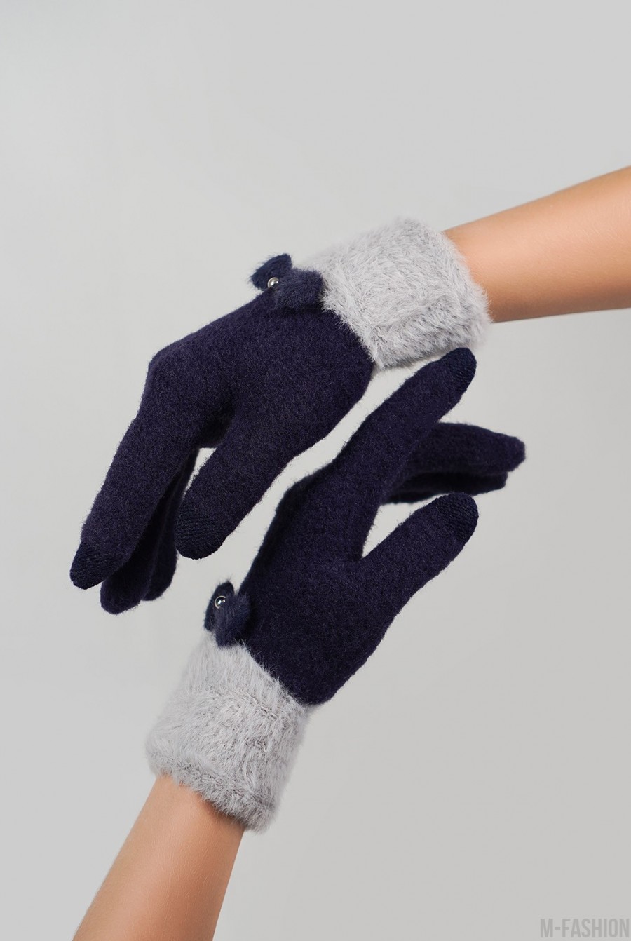 Синие шерстяные перчатки с фактурным манжетом- Фото 2