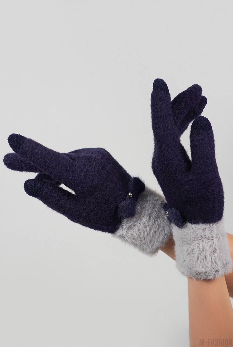 Синие шерстяные перчатки с фактурным манжетом - Фото 1