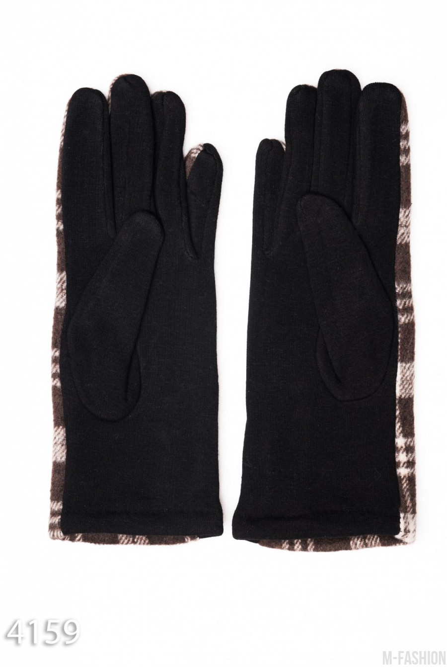 Коричневые комбинированные перчатки с клетчатой вставкой и рядом пуговок- Фото 2