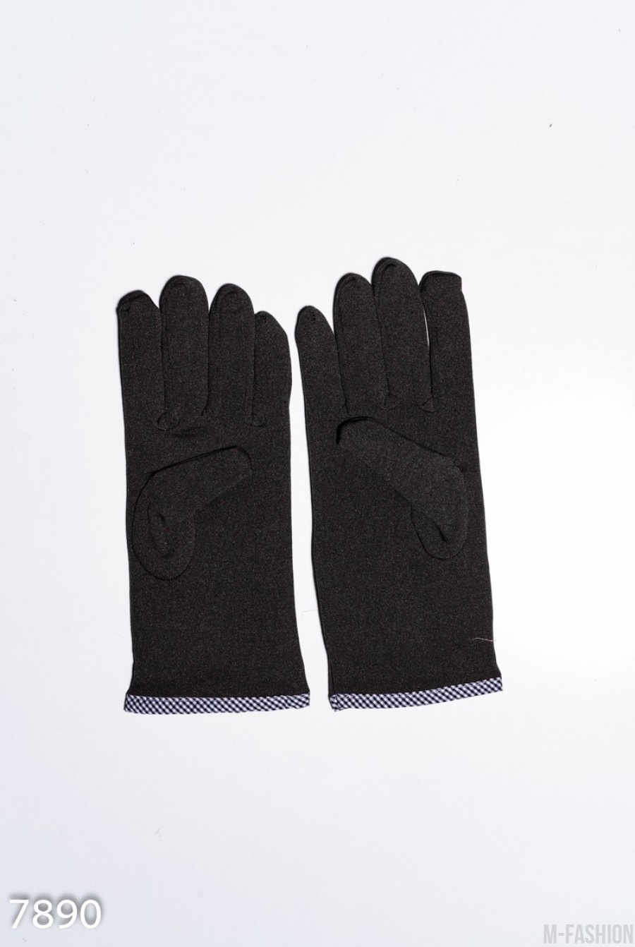 Черные эластичные тонкие перчатки на флисе с помпоном- Фото 2