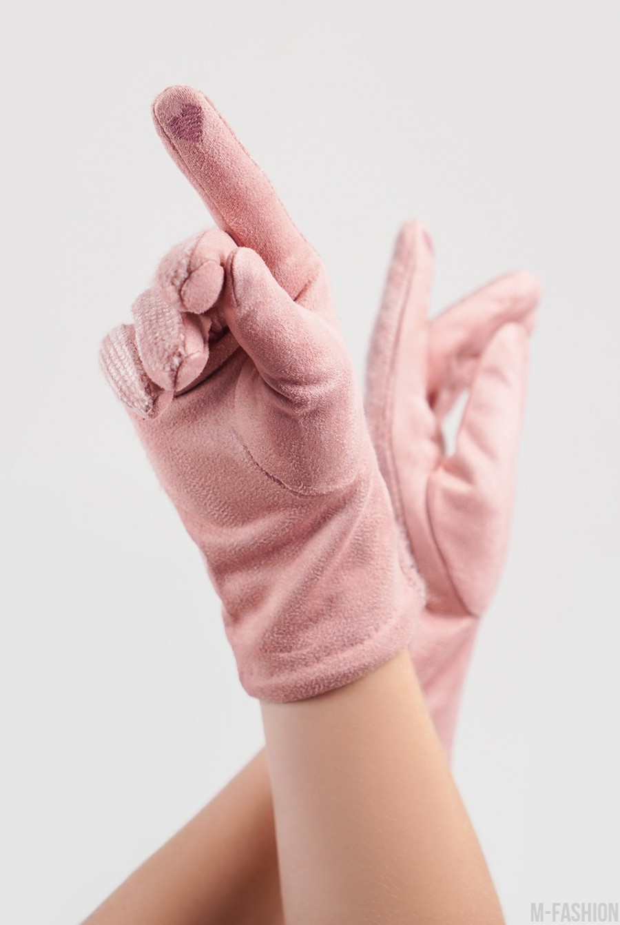 Розовые комбинированные перчатки с фактурной вставкой- Фото 3