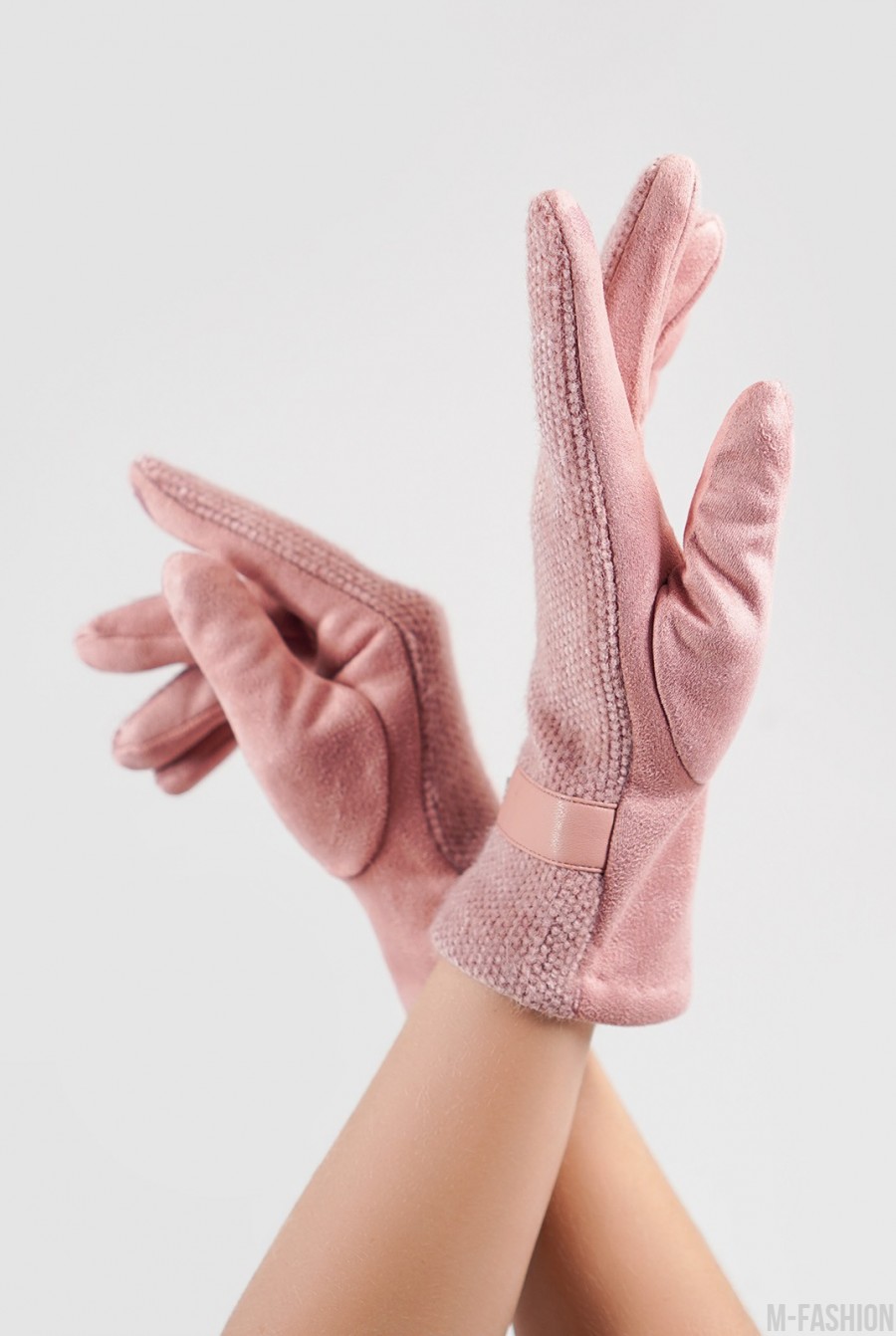 Розовые комбинированные перчатки с фактурной вставкой - Фото 1