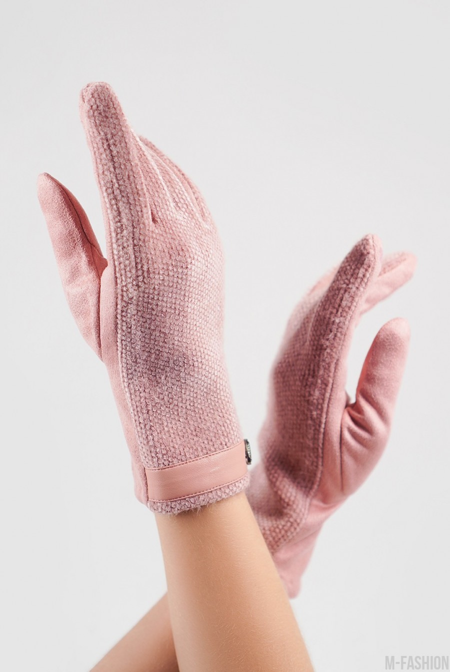 Розовые комбинированные перчатки с фактурной вставкой- Фото 2