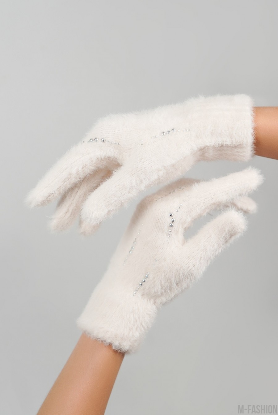 Молочные утепленные перчатки со стразами- Фото 2