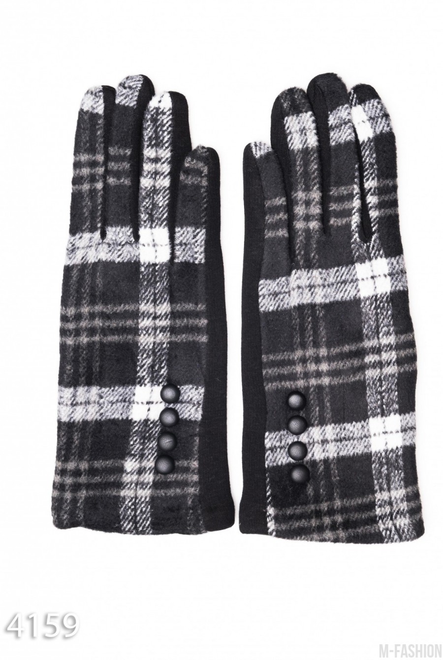 Черные комбинированные перчатки с клетчатой вставкой и рядом пуговок - Фото 1