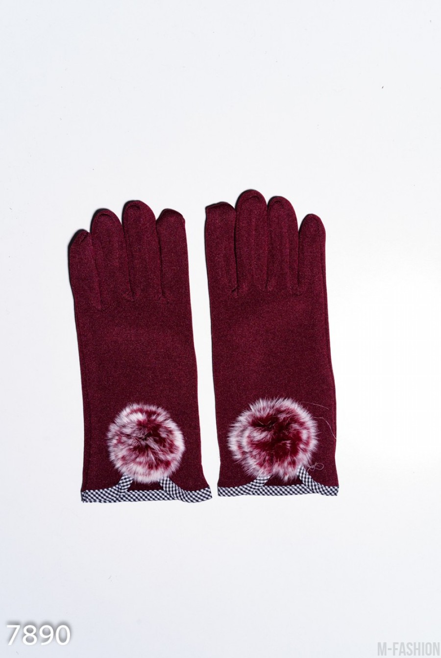 Бордовые эластичные тонкие перчатки на флисе с помпоном - Фото 1