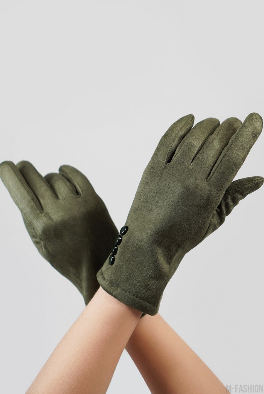 Утепленные перчатки цвета хаки из эко-замши- Фото 2