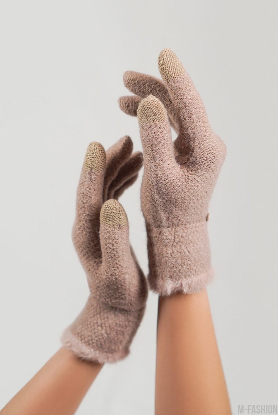 Темно-бежевые шерстяные вязаные перчатки - Фото 1