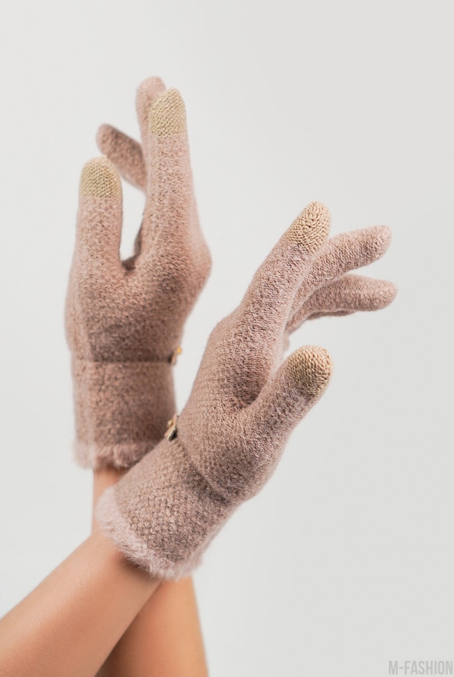 Темно-бежевые шерстяные вязаные перчатки- Фото 2