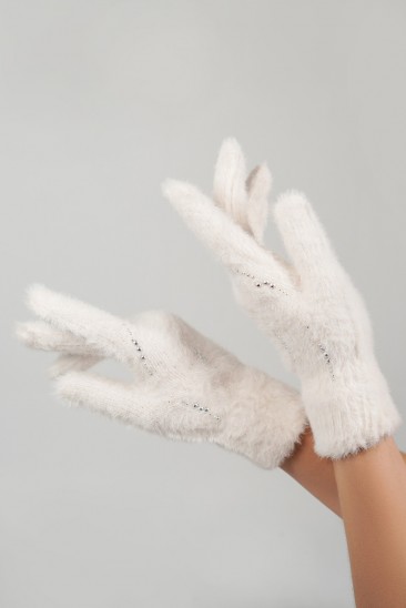 Молочные утепленные перчатки со стразами