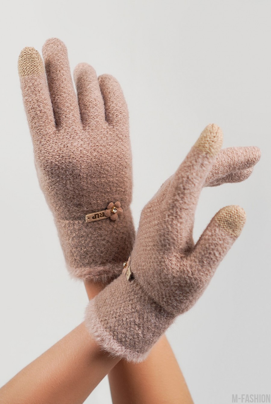 Темно-бежевые шерстяные вязаные перчатки- Фото 3