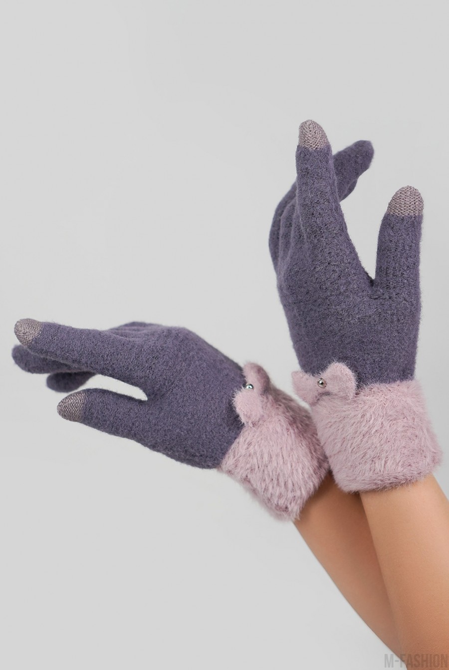 Сиреневые шерстяные перчатки с фактурным манжетом- Фото 2