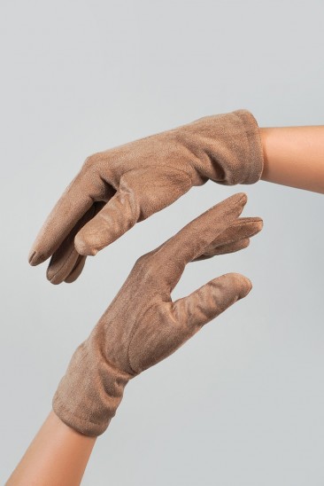 Бежевые однотонные перчатки из эко-замши на меху