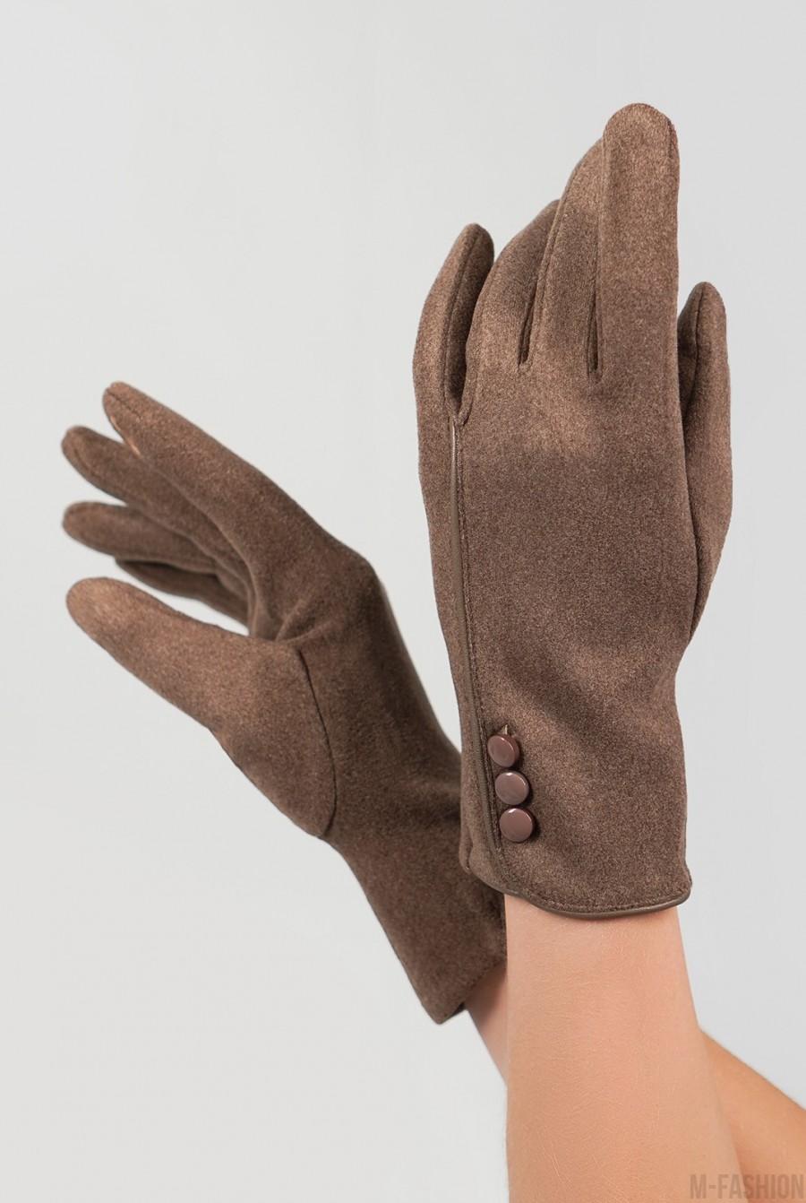 Коричневые утепленные перчатки из эко-замши - Фото 1