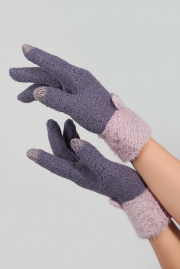 Сиреневые шерстяные перчатки с фактурным манжетом