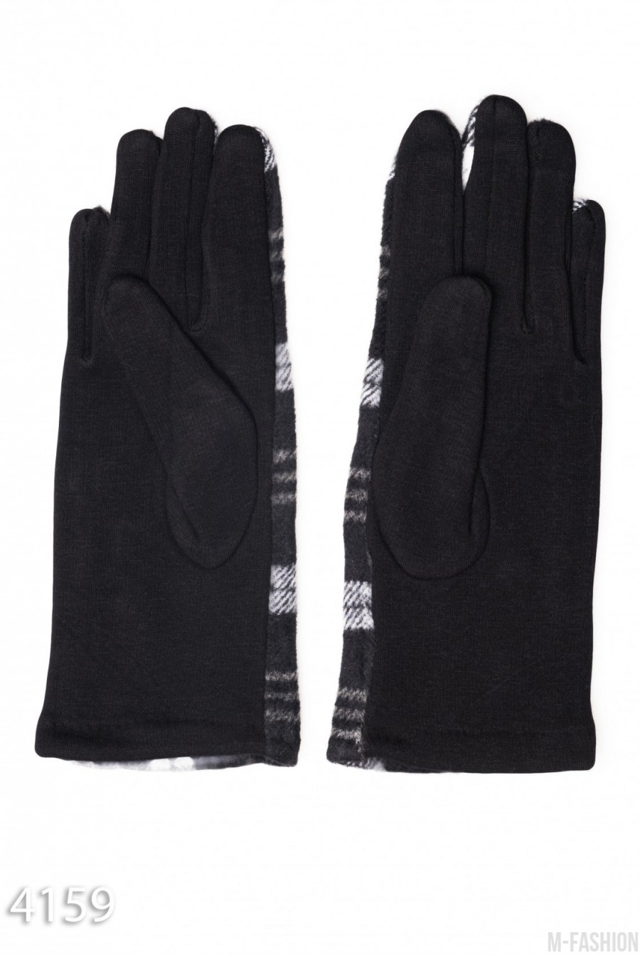 Черные комбинированные перчатки с клетчатой вставкой и рядом пуговок- Фото 2