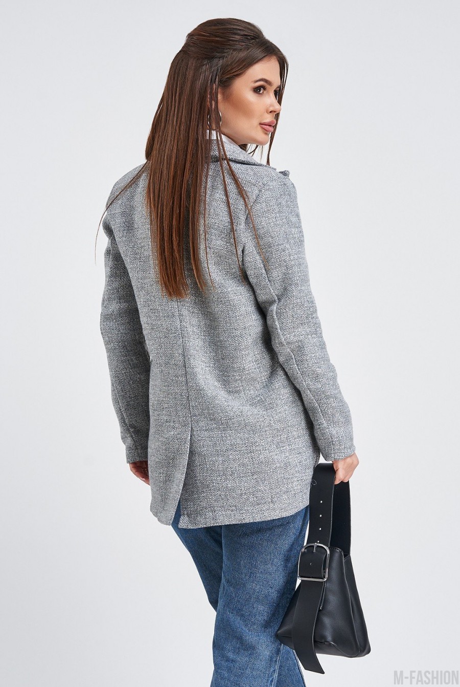 Серый твидовый двубортный пиджак- Фото 3