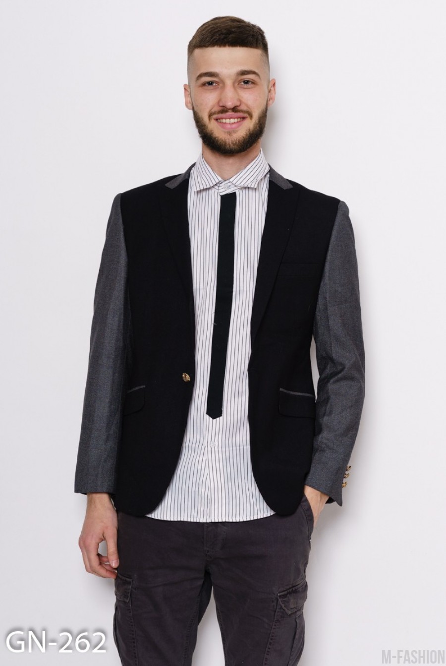 Серо-черный молодежный шерстяной пиджак с декоративными пуговицами - Фото 1