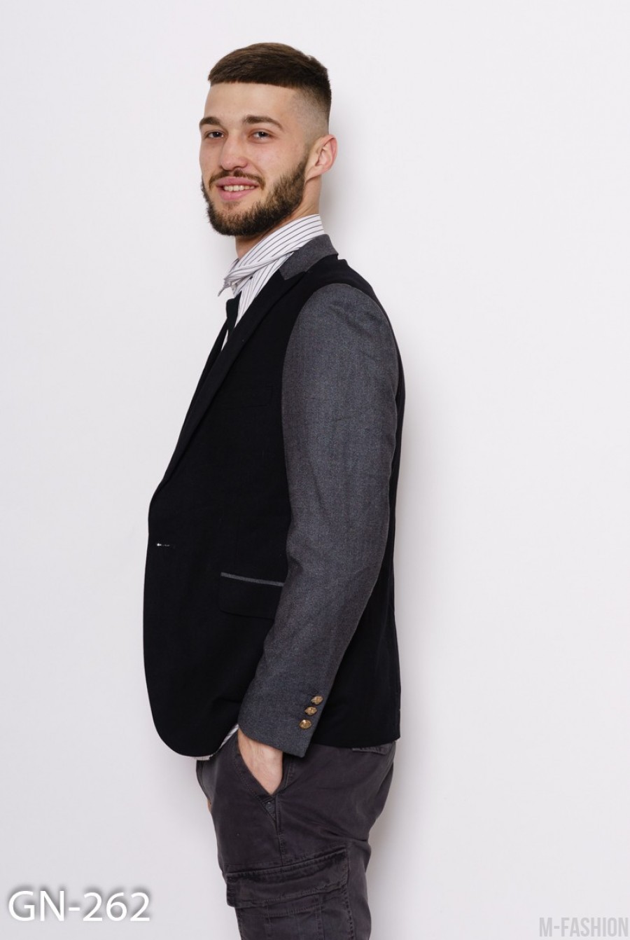 Серо-черный молодежный шерстяной пиджак с декоративными пуговицами- Фото 2