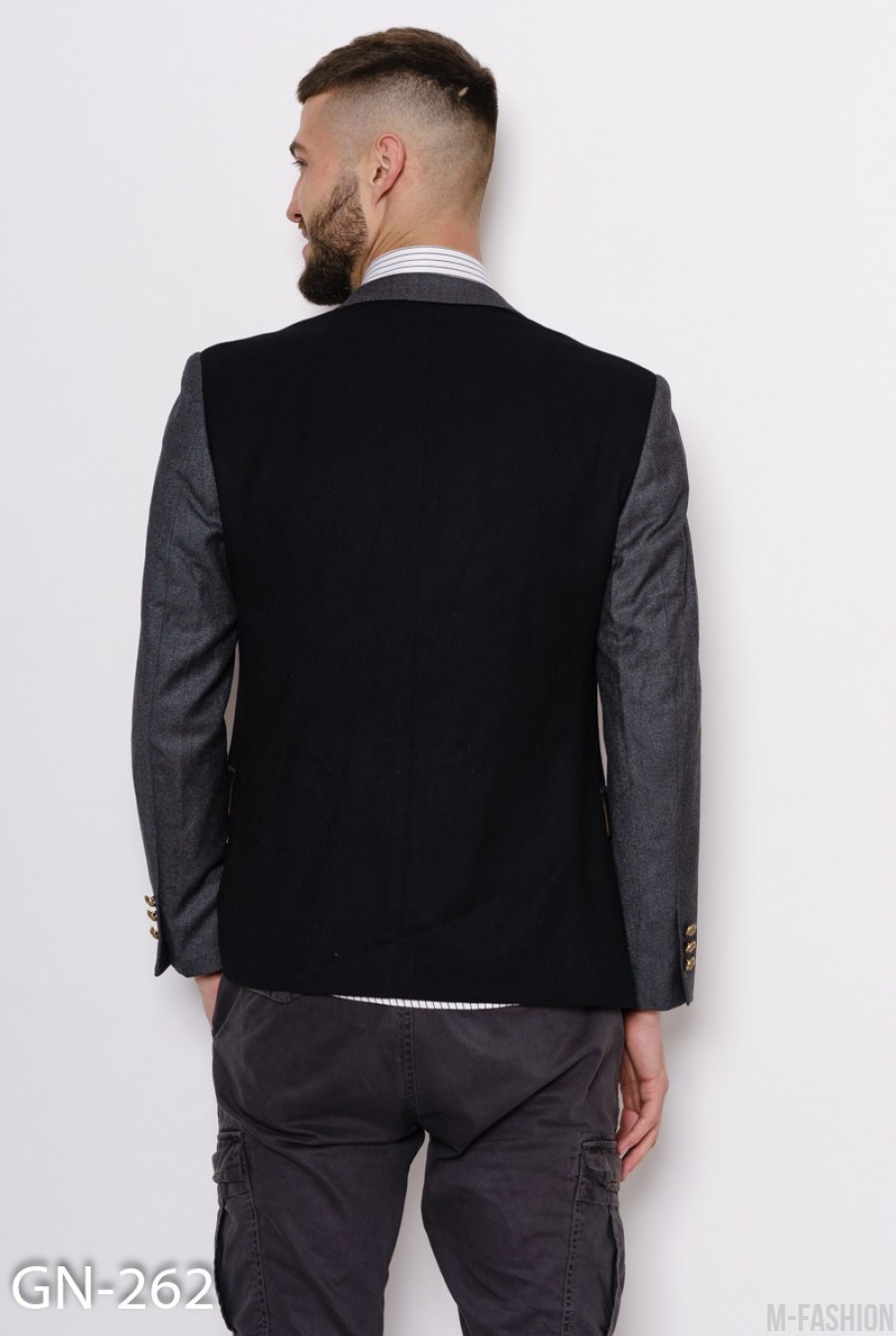 Серо-черный молодежный шерстяной пиджак с декоративными пуговицами- Фото 3