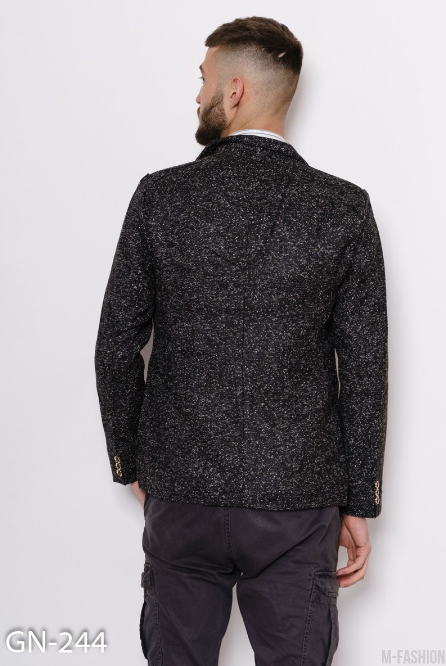 Черный шерстяной классический пиджак с белыми вкраплениями- Фото 3