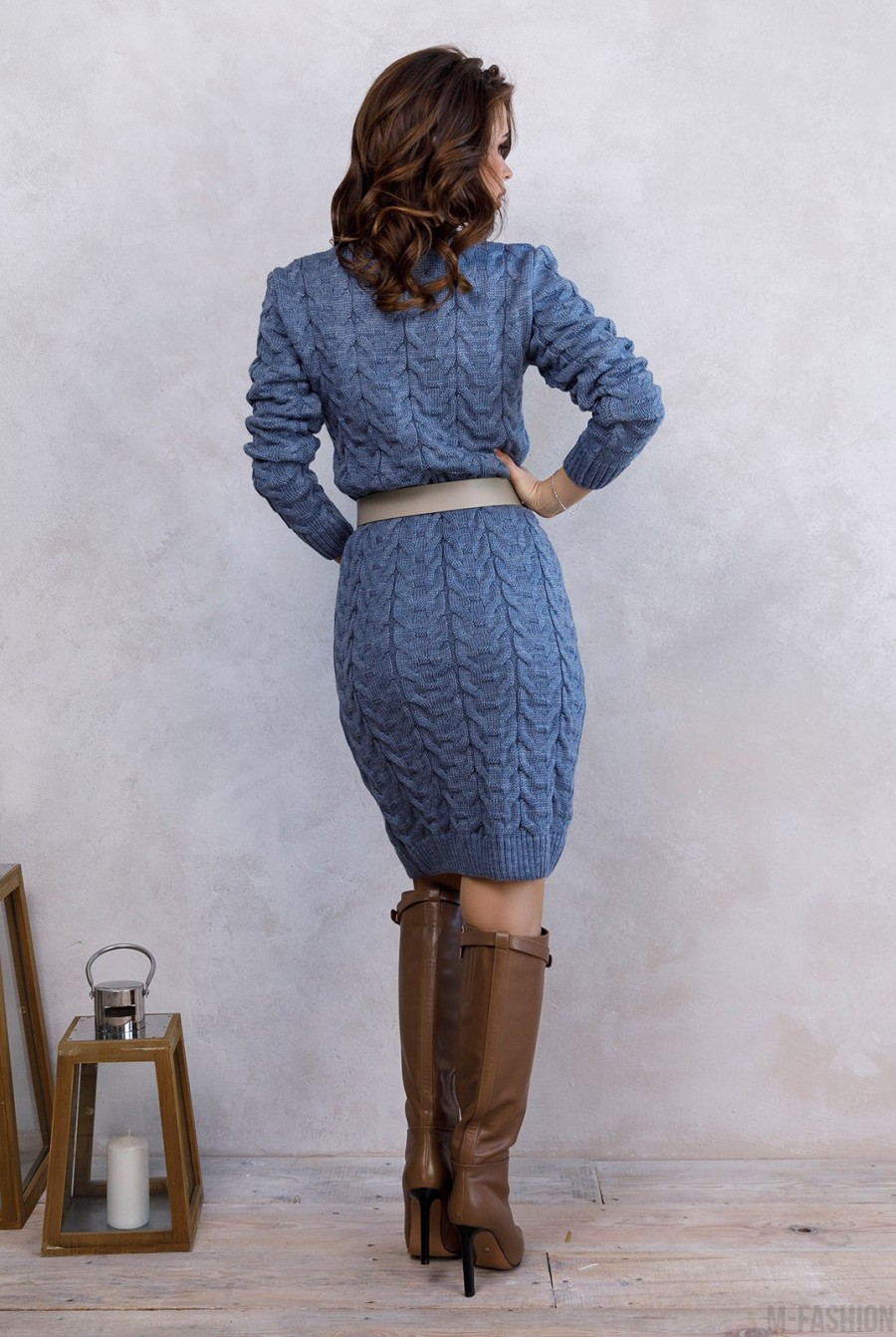 Синее вязаное шерстяное теплое платье- Фото 3